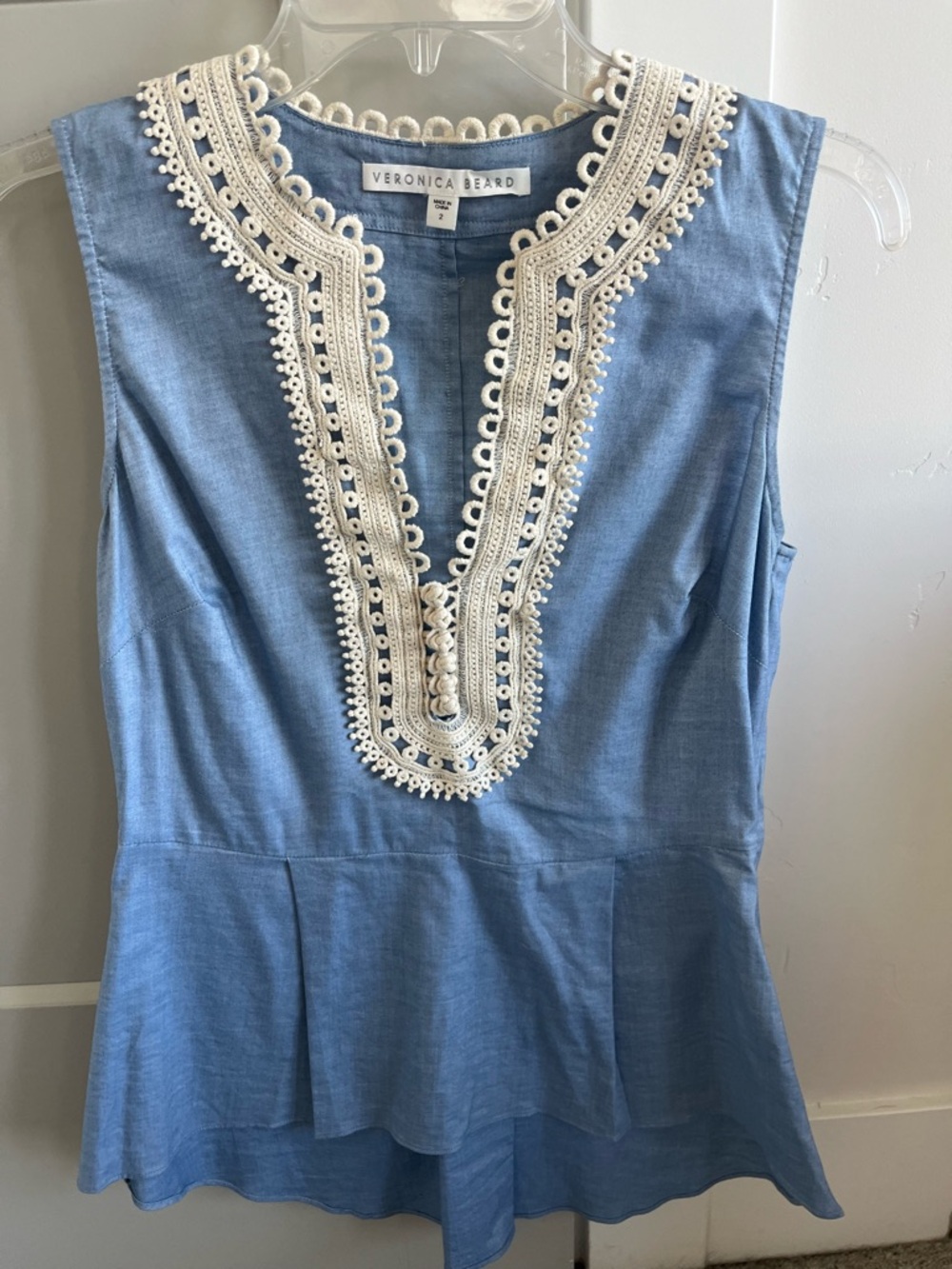 Veronica Beard Chambray Peplum Top with Lace Trim size 2